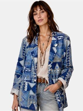 Paquette Byer California Blue Boho Geometric Print Blazer Jacket, Relaxed Fit, L